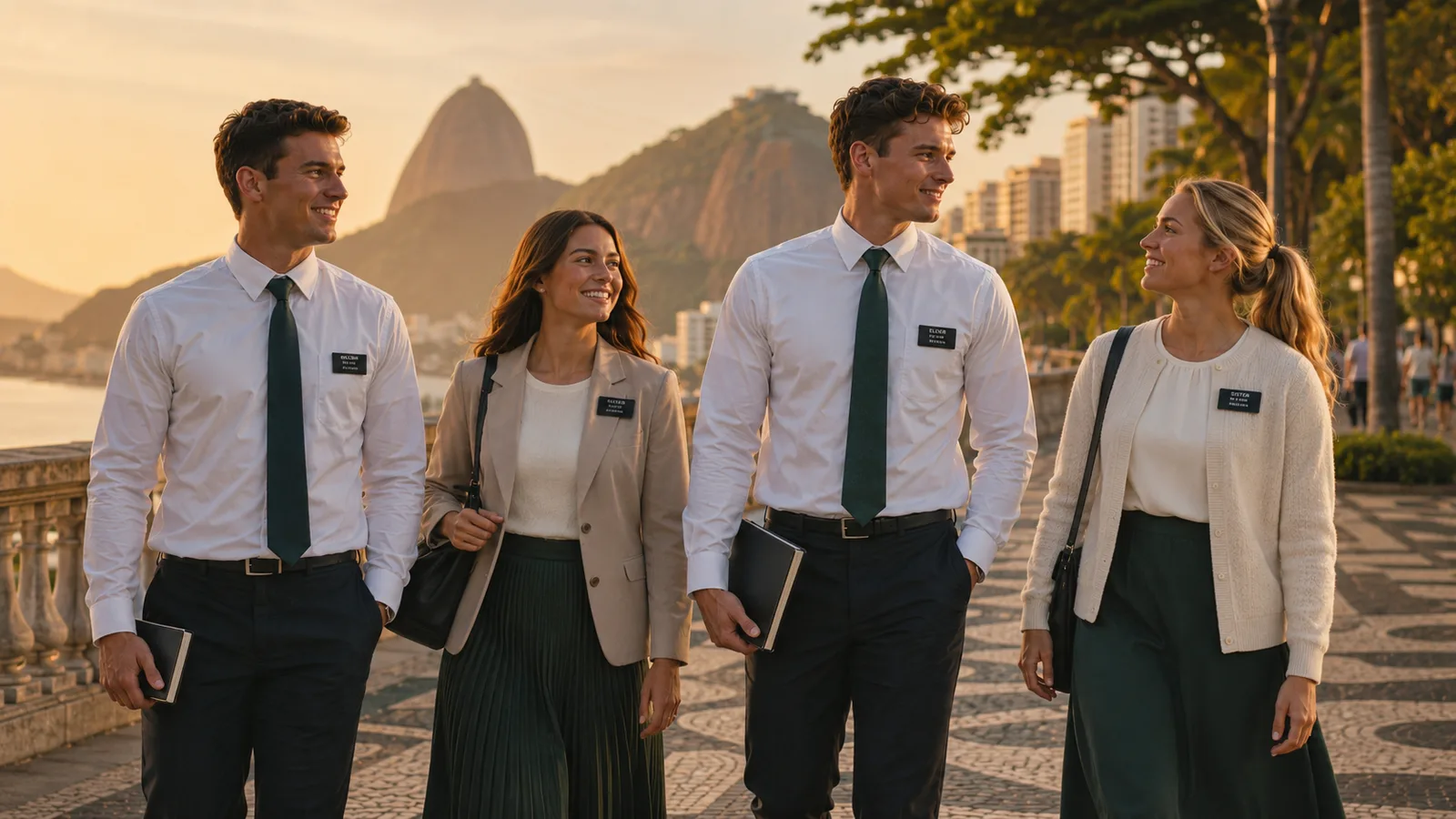 Four missionaries walking together at golden hour