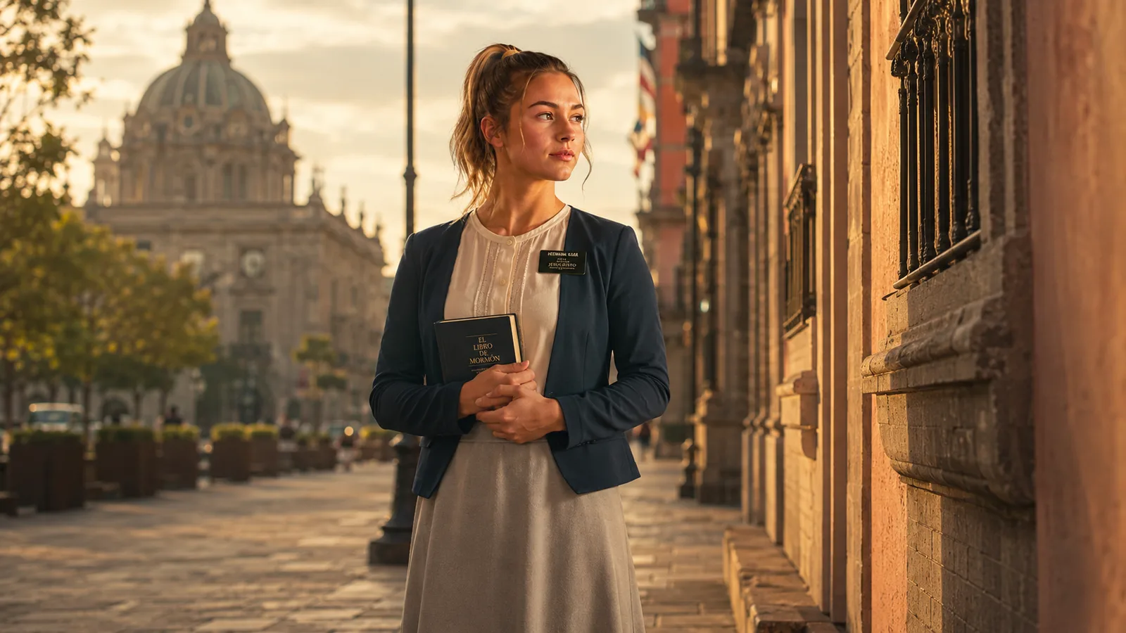 A sister missionary holding a Book of Mormon on a golden-hour street in Mexico